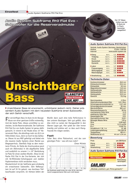 Audio System Subframe R10 Flat EVO2 25cm Subwoofer für Reserveradmulde 400 Watt Radion R-10 Flach